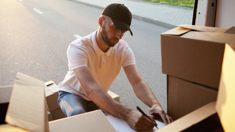A man wearing a white polo shirt, dark baseball cap, and jeans is crouched outside near an open cardboard moving box on a paved surface, with several other packed boxes stacked nearby inside a vehicle's open rear area. He is using a black marker to label or note on the flat surface of a sheet of packing paper or cardboard within the box, indicating a packing or home relocation process. The scene is illuminated by natural light, with the vehicle's interior and the surrounding pavement visible in the background. This image captures a moment of furniture transport preparation, highlighting aspects of packing, box organisation, and loading procedures during house removals, as performed by companies such as Man and Van Belmont.