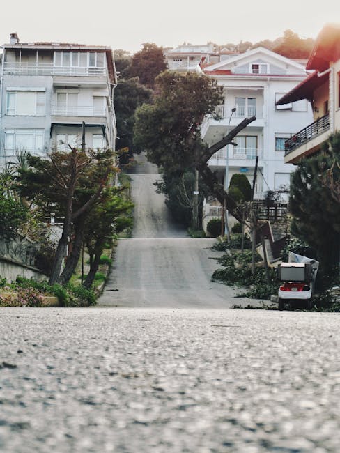 A quiet residential street on Belmont Hill showing a steep, gravel driveway with a slight incline. The foreground features textured gravel paving, leading up past a variety of trees and bushes with green foliage. On the right side, there is a white van parked on the street with its rear doors open, possibly being used for furniture transport or moving equipment. Surrounding the driveway are multi-storey houses with white walls, large windows, and balconies, some with black railings, reflecting typical British housing. The properties are situated close together, and the scene is illuminated by soft, natural daylight, suggesting early morning or late afternoon. The overall setting depicts a peaceful neighbourhood suitable for home relocation activities, as part of a house removal process or moving logistics, with Man and Van Belmont specializing in removals and furniture transport services.